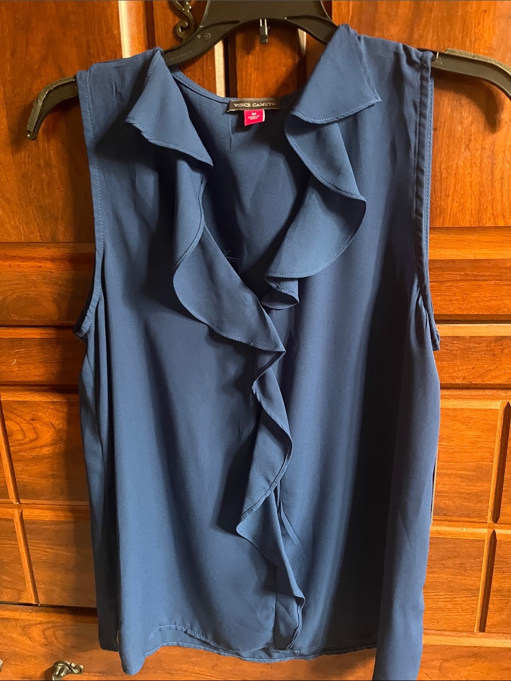 Vince Camuto Navy Ruffle V-Neck Sleeveless Blouse